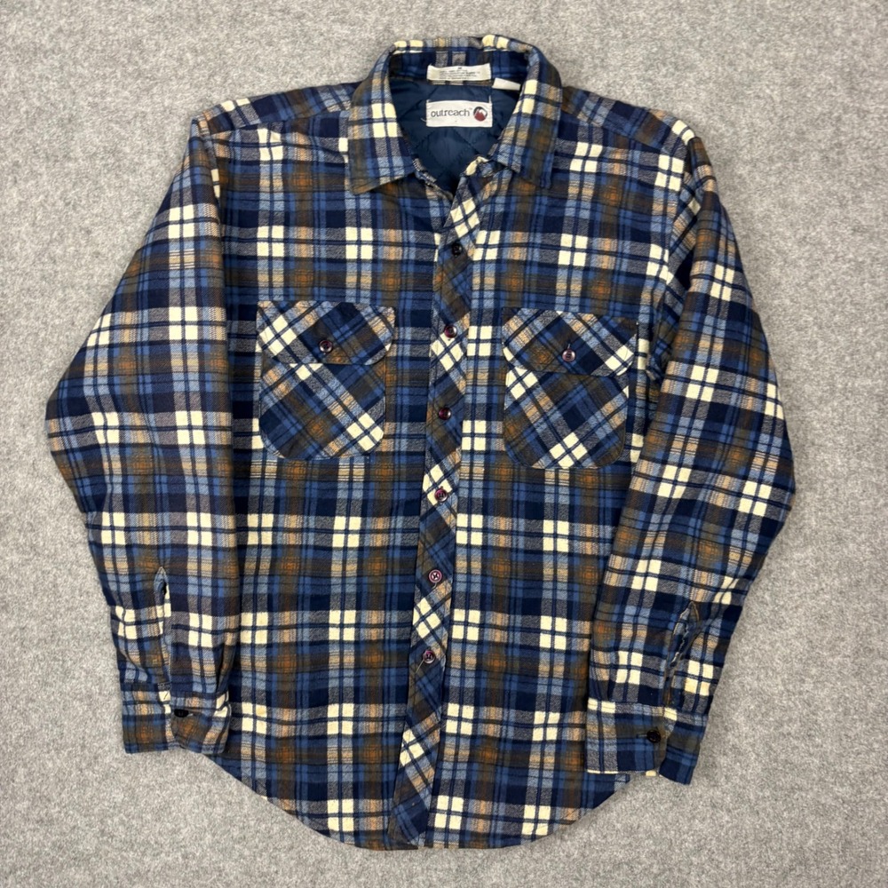 Outreach Mens Quilted Flannel Shirt Jacket Blue Brown Plaid Cotton Size Medium